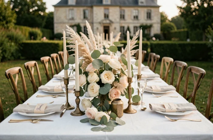 Table de mariage élégante en plein air décorée de roses, d'eucalyptus et de pampa dans un jardin de campagne française