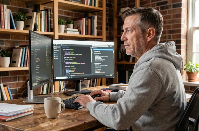 Développeur web masculin travaillant sur les mentions légales d'un site internet depuis son bureau à domicile avec deux écrans