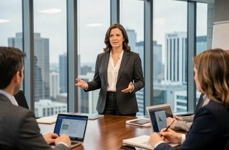 Dirigeante d'entreprise animant une session de formation professionnelle dans une salle de réunion moderne