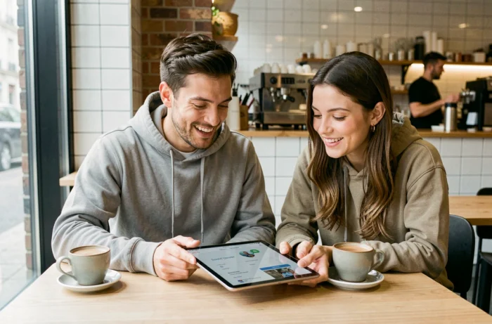 Deux jeunes professionnels consultant une application innovante sur tablette dans un café moderne de Rennes, services numériques locaux
