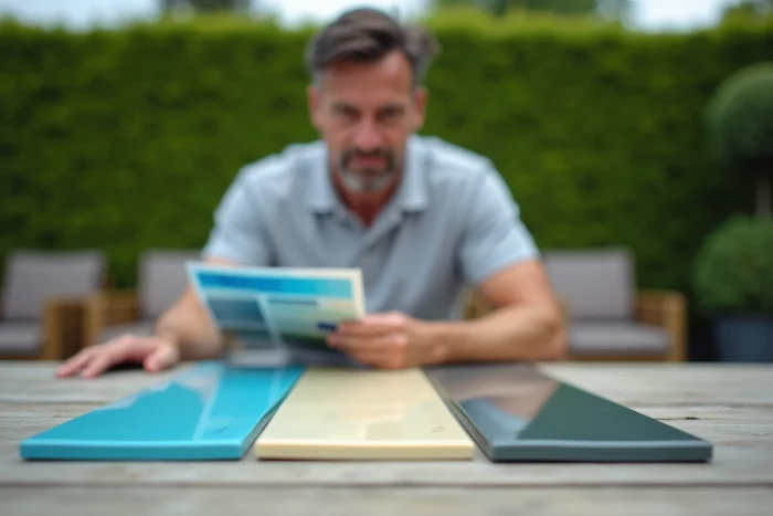 Homme comparant des échantillons de couleurs de coques piscine en fibre de verre beige, bleu et gris-vert sur une table de jardin en bois
