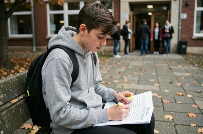 Adolescent révisant la conjugaison du verbe partir sur une fiche de grammaire dans une cour d'école