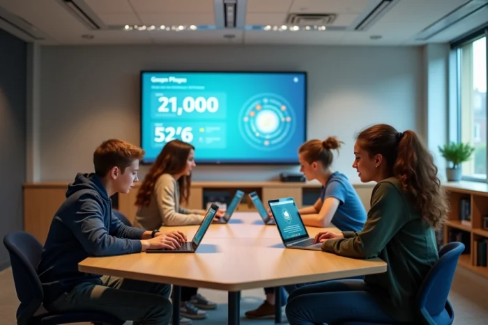 Groupe d'élèves utilisant des tablettes et ordinateurs portables dans une salle de classe numérique organisée et moderne
