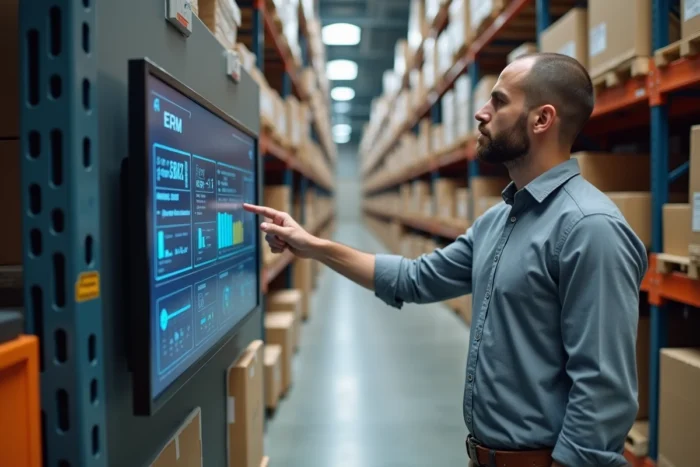 Employé en entrepôt de négoce utilisant un ERP de gestion des stocks sur écran tactile mural