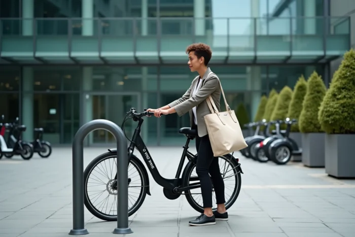 Femme cadre garante son vélo à un rack dédié devant un immeuble de bureaux moderne, illustrant la mobilité douce en entreprise