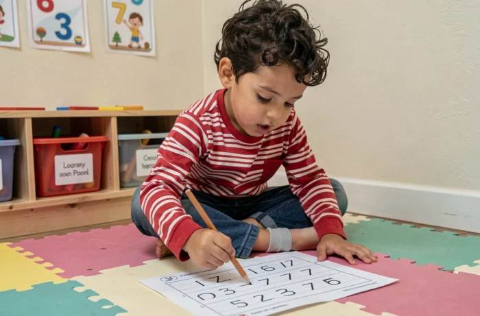 Jeune enfant de maternelle s'entraînant à tracer des chiffres sur une fiche imprimée à la maison