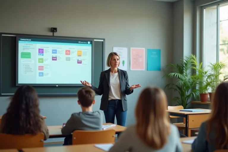 Enseignante utilisant un tableau numérique interactif pour organiser sa classe avec des outils numériques modernes