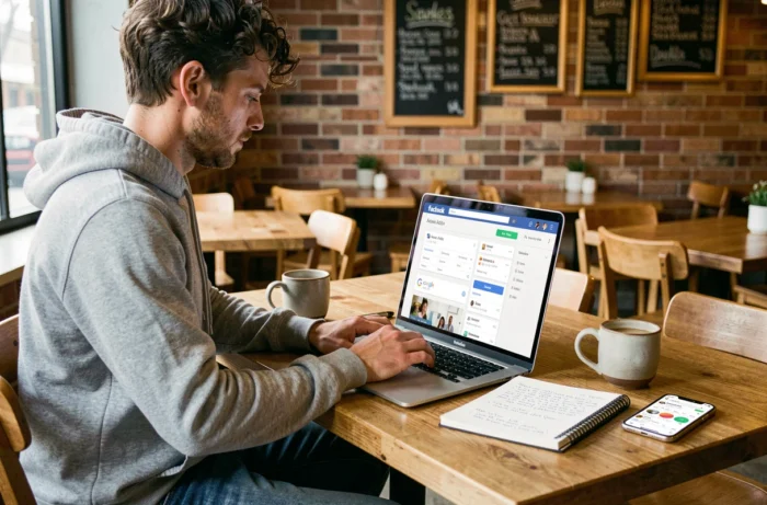 Entrepreneur travaillant sur des campagnes de publicité en ligne dans un café avec laptop et notes marketing