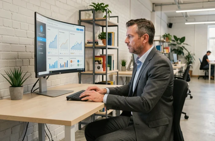Entrepreneur masculin analysant des tableaux de bord de croissance business sur un grand écran dans un espace de coworking moderne