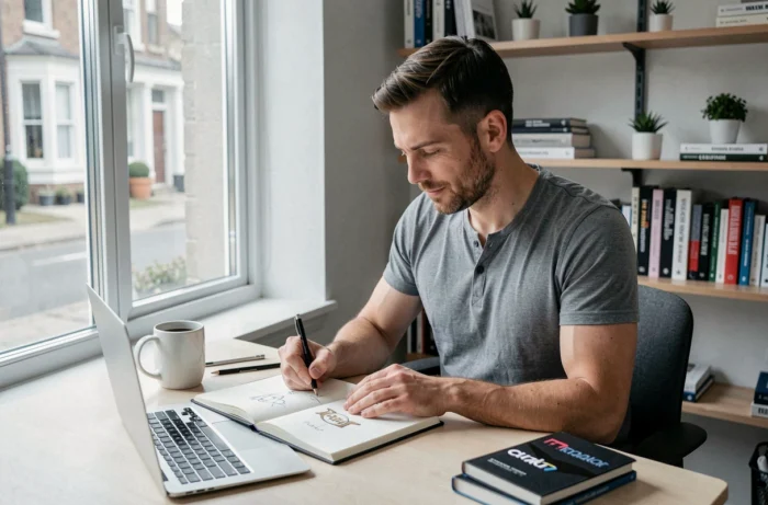 Entrepreneur esquissant des concepts de logo pour son identité de marque dans un studio minimaliste avec vue sur la rue