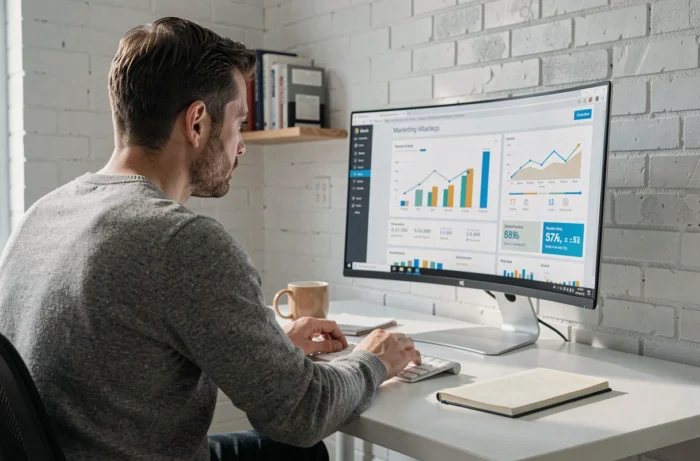 Entrepreneur concentré développant une stratégie marketing digitale sur un grand écran dans un bureau minimaliste