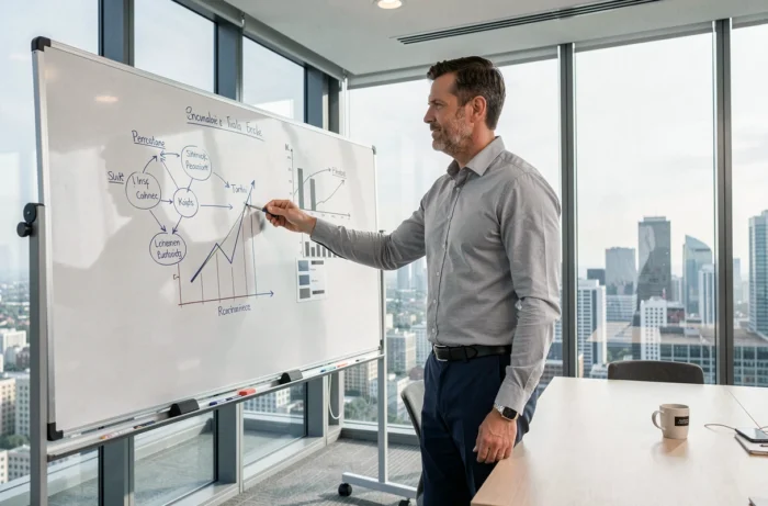 Entrepreneur masculin analysant des graphiques de performance sur un tableau blanc dans une salle de réunion vitrée avec vue sur la ville
