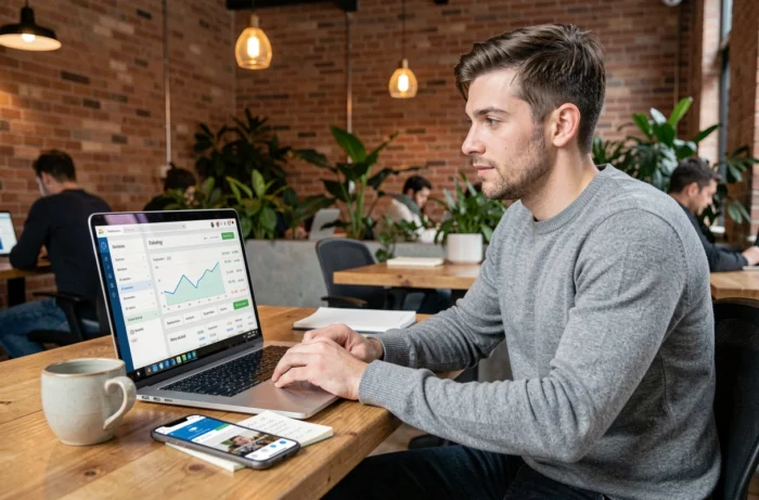 Entrepreneur en télétravail gérant les finances de son entreprise sur une plateforme bancaire en ligne dans un espace de coworking