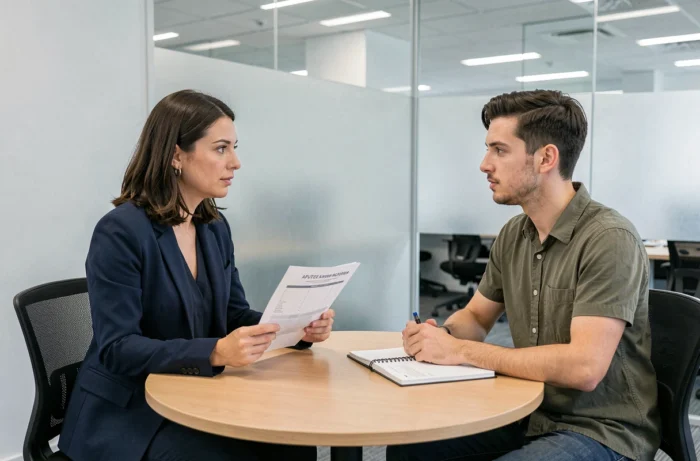 Entretien de bilan de compétences entre une conseillère en orientation professionnelle et un jeune professionnel dans une salle de réunion moderne et lumineuse