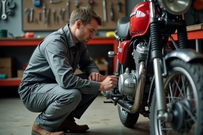 Mécanicien inspectant le moteur d'une Honda Dax ST 125 dans un atelier de mécanique moto