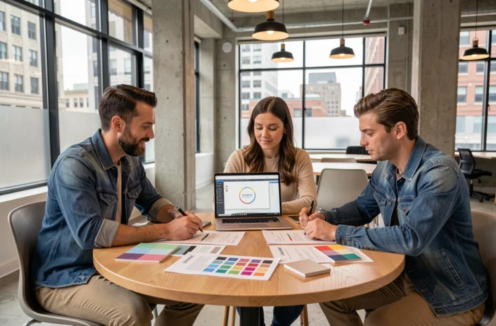 Équipe de professionnels collaborant sur une stratégie de marque avec des guides de charte graphique dans un espace de coworking