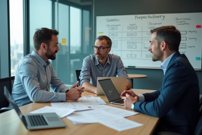 Équipe de direction en réunion pour comparer et choisir un logiciel ERP adapté au négoce