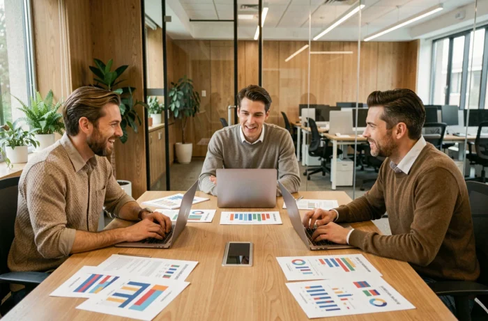 Équipe marketing analysant des données et des rapports de campagne autour d'une table de réunion moderne
