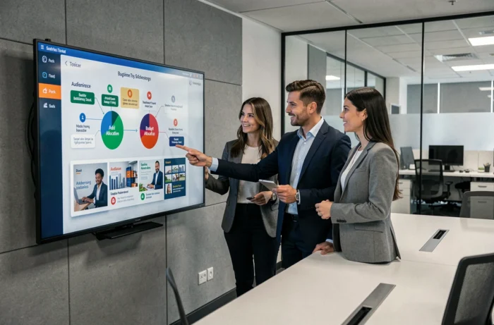 Équipe marketing collaborant sur une stratégie de publicité en ligne devant un écran interactif en salle de réunion
