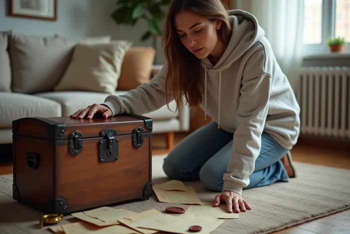 Femme concentrée tentant d'ouvrir un coffre verrouillé entouré d'indices pour un escape game organisé à domicile