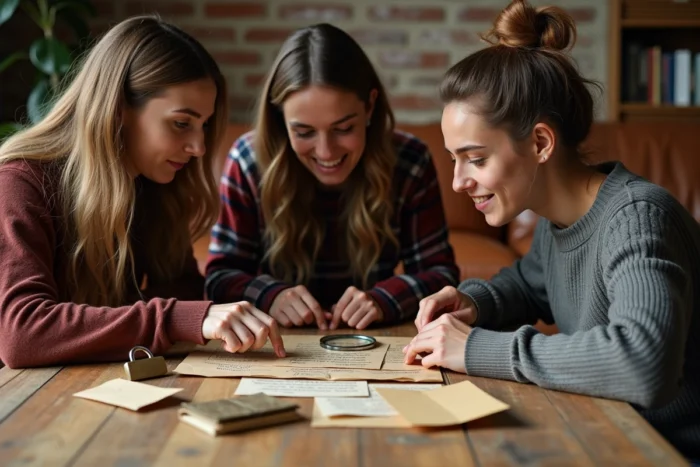 Groupe d'adultes jouant à un escape game fait maison autour d'une table couverte d'indices et d'énigmes artisanales dans un salon cosy