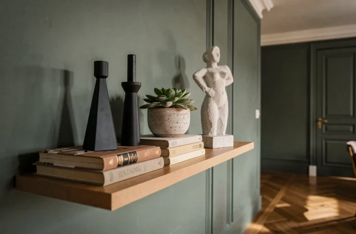Étagère décorative tendance avec bougeoirs géométriques noirs, livres empilés, succulente en pot en grès et sculpture en plâtre brut dans un appartement parisien