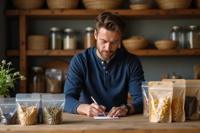 Homme étiquetant des sachets sous vide d'aliments secs dans un garde-manger rustique bien rangé