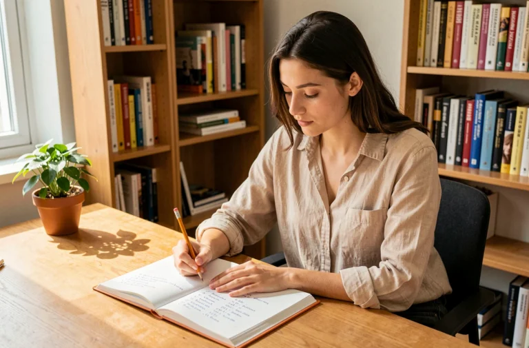 Jeune femme étudiant la conjugaison du verbe partir dans un carnet de grammaire française à son bureau