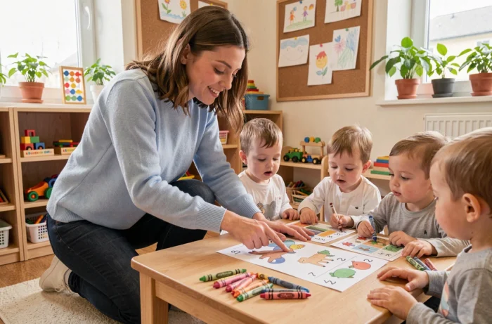 Enseignante en maternelle guidant des enfants sur des fiches d'exercices à imprimer pour apprendre à compter