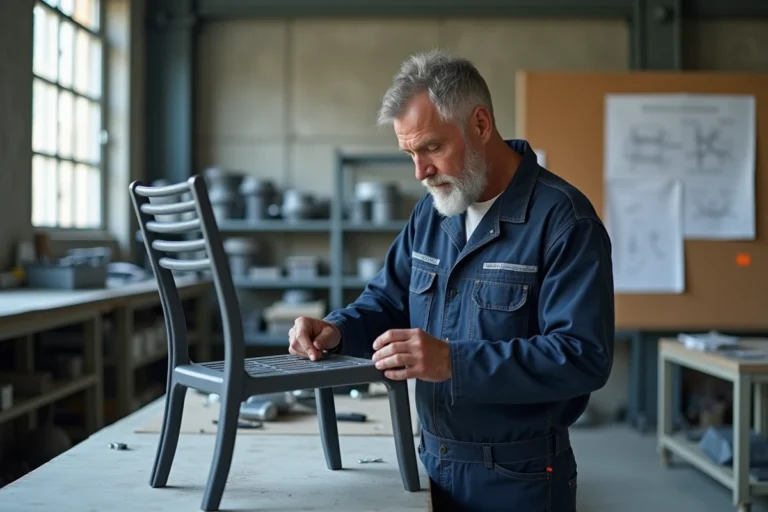 Artisan assemblant un fauteuil de jardin en aluminium dans une usine de fabrication de meubles Hespéride en France