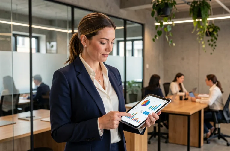 Femme d'affaires consultant des données analytiques sur une tablette dans un bureau moderne et dynamique