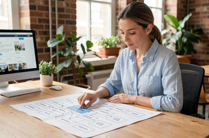 Femme analysant un plan de site imprimé sur un bureau en bois dans un bureau moderne
