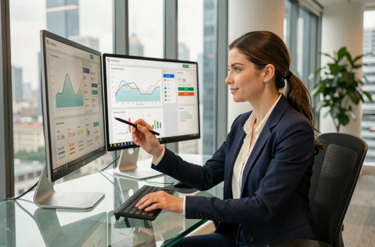 Professionnelle analysant des tableaux de bord de publicité en ligne sur des écrans dans un bureau moderne