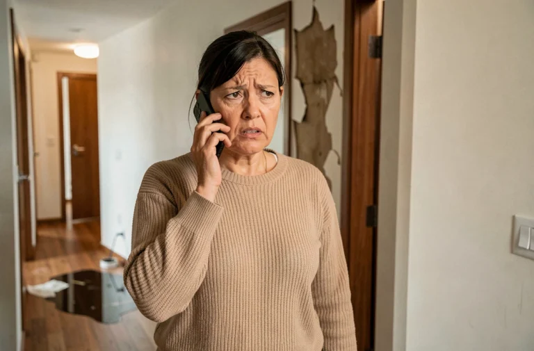 Femme appelant le numéro d'urgence Foncia depuis son appartement en cas de dégât des eaux