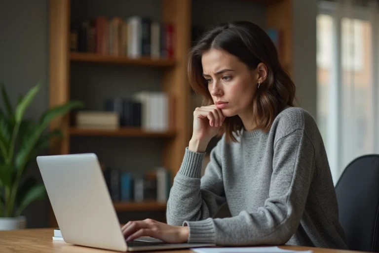 Femme consultant des avis clients négatifs sur son ordinateur portable à son bureau à domicile