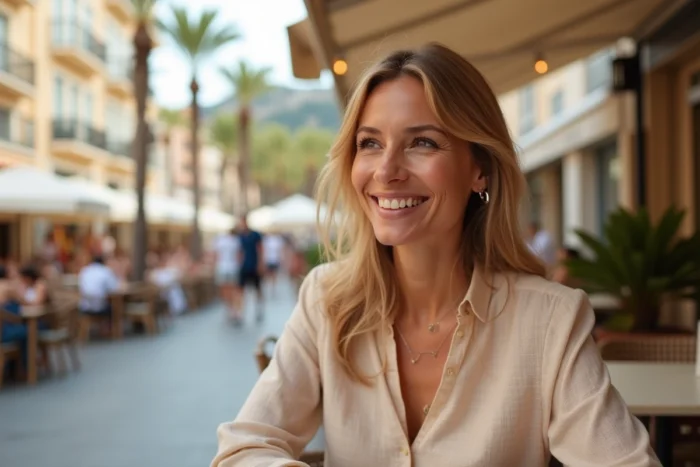 Femme rayonnante après des soins de médecine esthétique, profitant de la terrasse d'un café ensoleillé sur le boulevard de Cannes