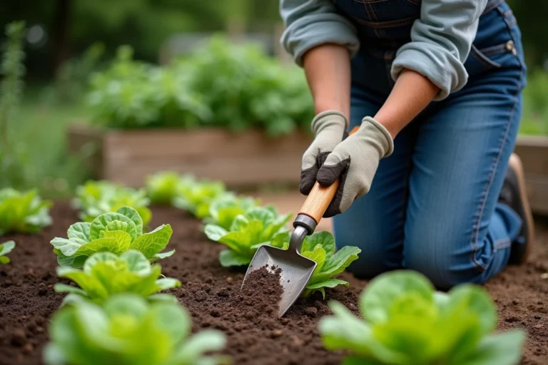Femme utilisant une binette pour désherber entre les rangs de légumes dans un potager