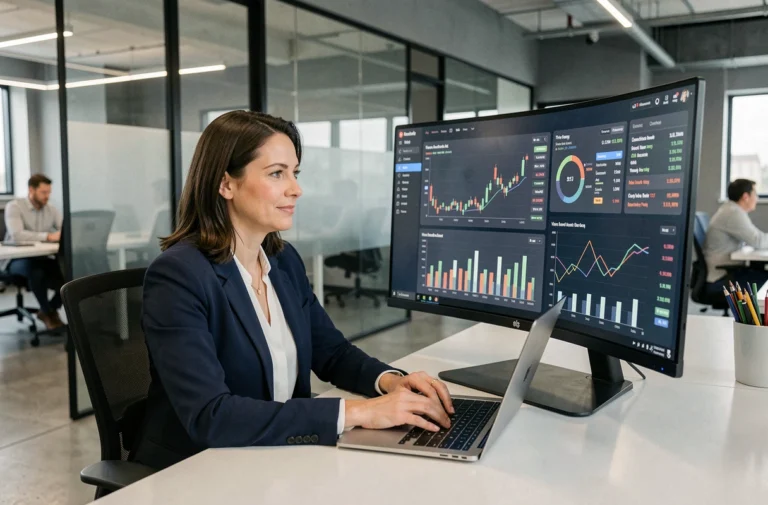 Femme cadre analysant un tableau de bord bancaire sur deux écrans dans un bureau moderne d'entreprise