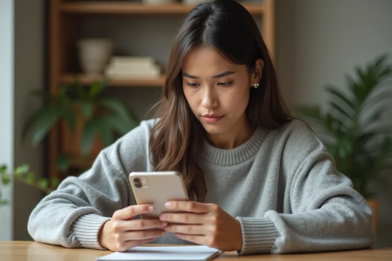 Jeune femme consultant son profil Instagram sur smartphone pour agrandir sa photo de profil