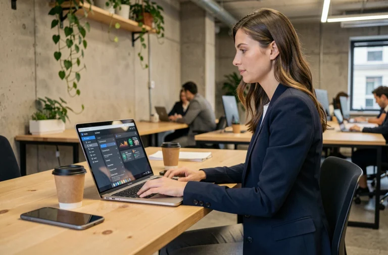 Femme professionnelle utilisant un ordinateur portable dans un espace de coworking moderne à Rennes, tendances tech et innovation