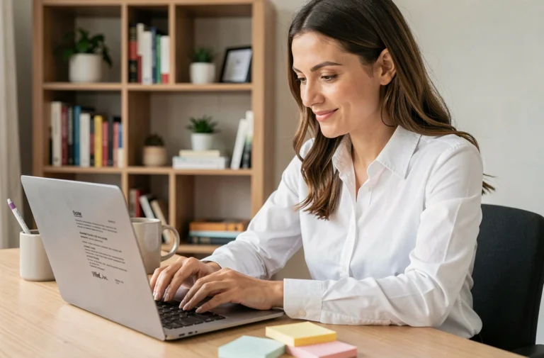 Femme consultante son CV en ligne sur un ordinateur portable dans un bureau à domicile moderne