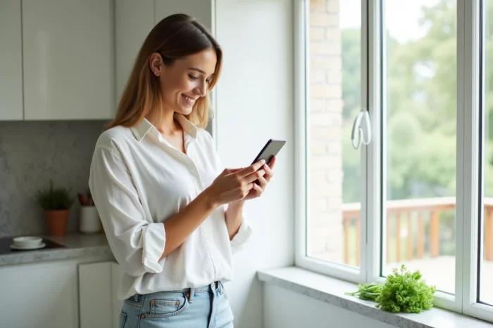 Femme debout dans une cuisine moderne consultant les paramètres de photo de profil Instagram sur son téléphone