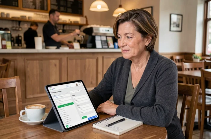 Femme d'âge mûr travaillant sur son CV en ligne avec une tablette dans un café