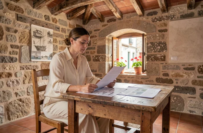 Femme étudiant des documents immobiliers dans une maison de pêcheur rénovée au Portugal avec murs en pierre apparente