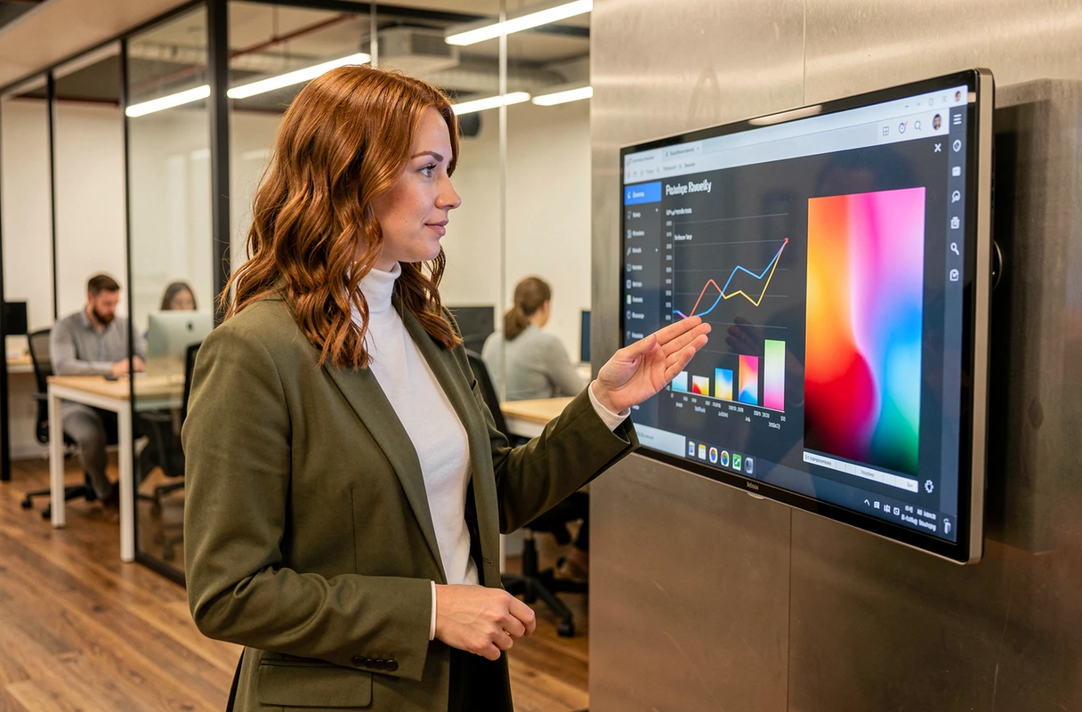 Femme professionnelle interagissant avec un écran tactile intelligent dans un espace de coworking moderne