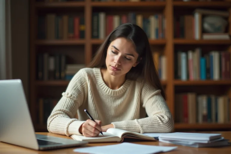 Jeune femme concentrée qui écrit dans un cahier à son bureau, illustrant l'apprentissage des règles grammaticales françaises comme le choix entre je serai et je serais