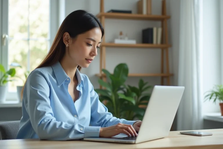 Femme tapant un email à son bureau pour contacter CDC Habitat en ligne