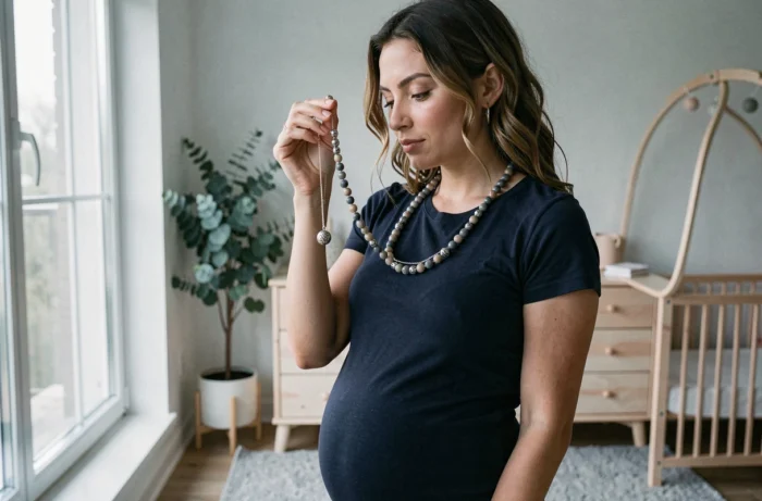Femme enceinte examinant un bola de grossesse Pandora dans une chambre de bébé scandinave