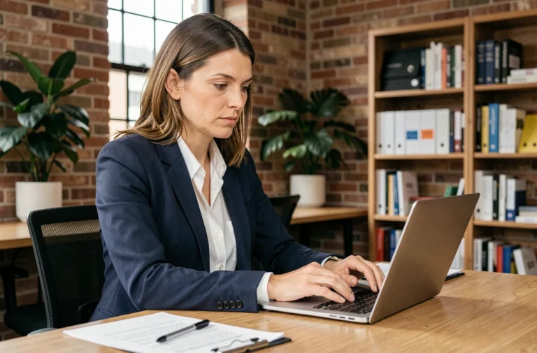 Femme entrepreneur concentrée travaillant sur son ordinateur portable dans un espace de coworking moderne avec des murs en briques apparentes