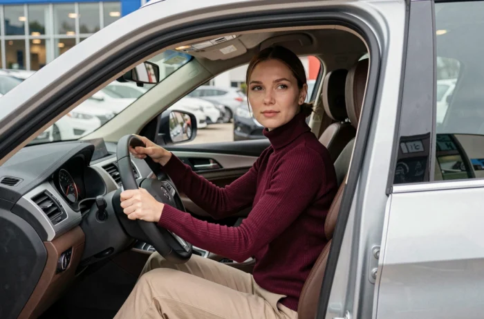Femme assise au volant d'un SUV d'occasion lors d'un essai dans un garage de revente
